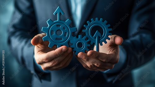 Geschäftsmann hält digitale Zahnräder als Symbol für Strategie und Unternehmenswachstum